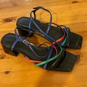 Sigerson Morrison Ellia Strappy Multicolor Block Heel Sandals.  Size 37.5